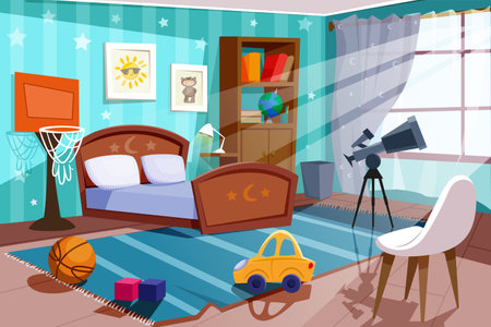Cartoon empty kid boy bedroom in blue colors with bed, chair, bookshelf, pictures on wall and wide window. Child room indoors interior with telescope, basketball hoop, car toy and ball on carpet.のイラスト素材