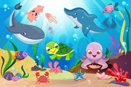 Underwater ocean life with cute sea animals, colorful tropical fish, whale, dolphin and coral reef with marine plants. Undersea landscape with funny turtle, octopus, starfish, squid and crab, seaweedsのイラスト素材