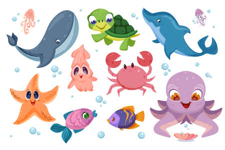 Cute sea animals and different fish. Underwater ocean life with funny characters of octopus, turtle, starfish, squid and crab. happy whale and dolphin. Aquatic creatures set flat vector illustration.のイラスト素材
