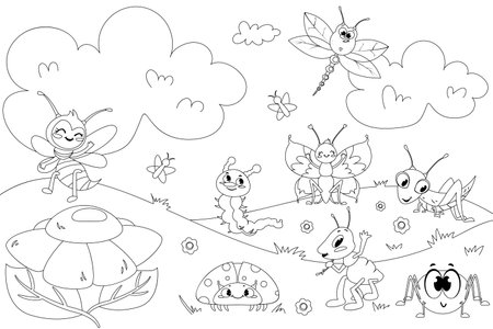 Cartoon coloring book page for kids. Black outline vector illustration for children with flowers, cute caterpillar, grasshopper, bee, butterfly and happy ladybug on white background.のイラスト素材