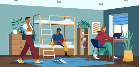 Flat students in dormitory room. Teens living together in university dorm bedroom or hostel...
