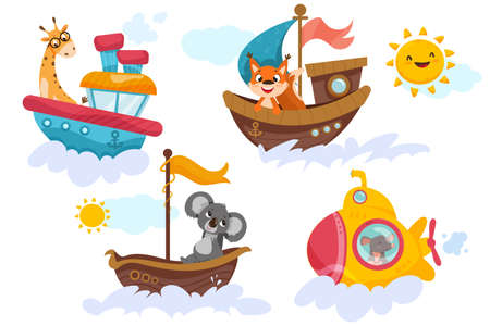 Set of cute childish animals sailing on maritime transport. Funny koala in sea boat, mouse in submarine, smiling fox in ship and giraffe in steamship. cartoon baby captain characters in marine journeyのイラスト素材