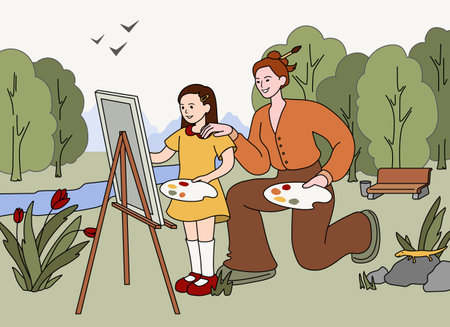 Young girl artist studying painting in summer park. Child draw natural landscape with teacher support. Plein air drawing lesson with watercolors and canvas on easel in art school. Artistic educationのイラスト素材