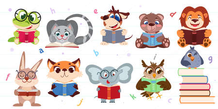 Set of cute cartoon animals and birds reading books. Smart funny owl, rabbit, crocodile and elephant in glasses study of literature. Pupil characters read stories for kids flat vector illustration.のイラスト素材