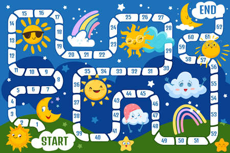 Family board game for kids. Kids boardgame with cute weather elements on dark sky. Path, numbers and sun, moon, colorful rainbow, funny cloud and happy star on playing field vector illustration.のイラスト素材