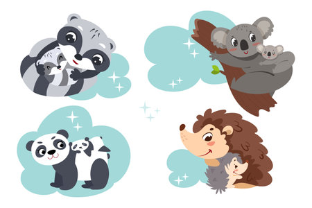 Cartoon cute animals sleep on clouds and branches. Set of sleeping baby gray koala, panda, raccoon and hedgehog characters and happy mothers flat vector illustration. Collection of family stickers.のイラスト素材