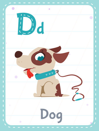 Alphabet printable flashcard with letter D. Cartoon cute dog animal picture and english word on flash card for children education. School memory cards for kindergarten kids flat vector illustration.のイラスト素材