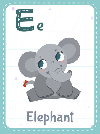 Alphabet flashcard with letter E. Cartoon cute elephant animal picture and english word on flash card for children education. School memory cards for kindergarten kids flat vector illustration.のイラスト素材