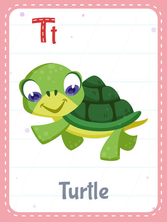 Alphabet printable flashcard with letter T and tortoise wild animal. Cartoon cute turtle and english word on flash card for children education. School memory card for kids flat vector illustration.のイラスト素材