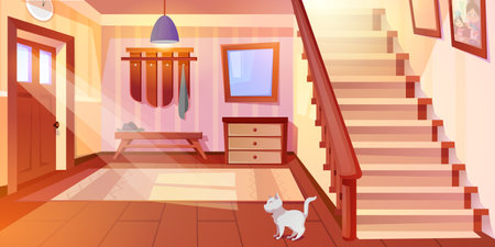 Cartoon house hallway entrance interior with wooden hanger, stairs and furniture. Home inside with white cat, carpet, mirror, staircase, hat on bench and clock on wall. Sun shining through front door.のイラスト素材
