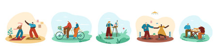 Aged people recreation and hobby. Happy senior man and woman riding a bicycle in park, playing chess, painting and dancing at home. Flat set with elderly characters doing physical activities, cycling.のイラスト素材