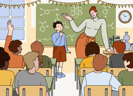 Flat chemistry teacher and pupil boy stand at chalkboard in school classroom interior with table, laboratory flasks and blackboard. Cartoon woman pedagogue teaching students in class.のイラスト素材