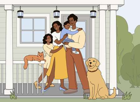 Flat smiling parents and kids hug standing on porch of countryside house with domestic pets. Happy family members embracing each other. Father and mother with baby son and daughter in front of cottageのイラスト素材