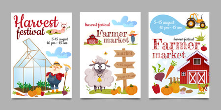 Cartoon festival posters of harvest festival. Farm local market invitation banners or cards with natural vegetables, farm products and farmhouse. Flat happy agricultural farmer gathering crops.のイラスト素材