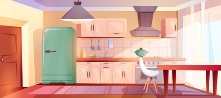 Cartoon kitchen interior with wooden retro furniture and range hood. Home cooking room with stove, fridge, cupboards and dinner table with white chair. Empty apartment inside with door and dining areaのイラスト素材