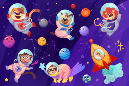 Cute animals astronauts in spacesuit flying in open space. Cartoon happy dog, monkey, lion and sloth cosmonauts in cosmos galaxy with planets, stars and constellations. Flat giraffe flying in rocket.のイラスト素材