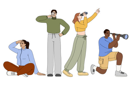 Flat business persons searching new work opportunities or business ideas. Employees looking into the future through binoculars, magnifying glass and spyglass. People team explore new horizons.のイラスト素材