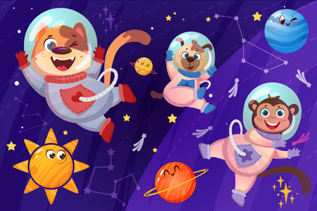 Cute animals astronauts in spacesuits flying in open space. Happy dogs and monkey cosmonauts in helmets exploring universe galaxy with planets, stars and constellations cartoon vector illustration.のイラスト素材