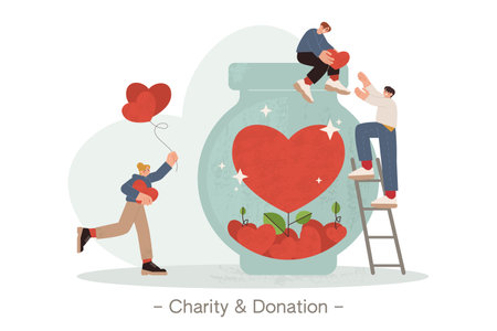 Flat tiny volunteers collecting red hearts in big jar for donation, charity or humanitarian aid. People making donate. Generous community characters help and support the poor, homeless or elderly persons.のイラスト素材