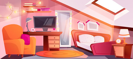 Cartoon attic interior of cozy girl bedroom with workspace for study with desk, computer and bookshelves. Mansard teenager room with bed, mirror and chair. Modern loft teen apartment under wooden roof