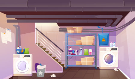 Vector cartoon interior of house basement with washing and dryer machine, stairs, basket with dirty linen, cardboard boxes and detergents on shelves. Laundry room or home cellar in cottage.のイラスト素材