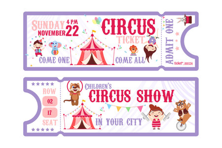 Circus ticket pass template with animal artists, strongman, acrobat and juggler. Entrance coupons with tent and carnival arena in amusement park for performing show. Invitation cards on festival eventのイラスト素材