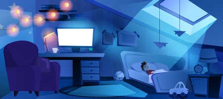 Boy sleep in bed at night room. Cartoom dark bedroom interior on attic with furniture, toys, glowing computer screen, garland and lamp. Sleeping child character under moonlight from window in roof.のイラスト素材