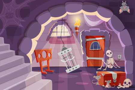 Vector cartoon of castle dungeon with medieval prison cell for prisoners. Interior ancient room with skeleton, pillory, iron shackles on stone walls, cage and wooden chest and door.のイラスト素材