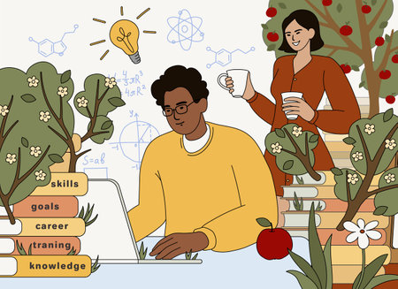 Man sitting with stack of books and tree of knowledge at table. Education training concept. Employee improve job skills and study online courses, science research or business literature at the laptop.のイラスト素材