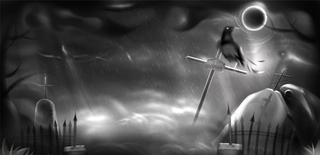 Halloween realistic vector with mystical moonlight on dark sky, rain and mist. Scary night cemetery with black crow on old crosses. Ancient graveyard with gravestone, creepy tombstones in fog.のイラスト素材