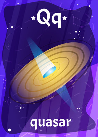 Printable space alphabet flashcard with letter Q. Cartoon quasar or black hole with english word on flash card for children education. Kid cards for teaching reading in kindergarten or preschool.のイラスト素材