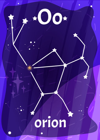 Printable space alphabet flash card with letter O. Cartoon stars in Orion constellation with english word name on flashcard for children education. Kid cards for teaching reading in kindergarten.のイラスト素材