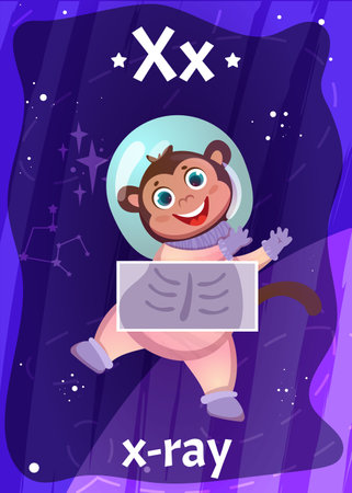 Printable space alphabet flashcard with letter X. Cartoon x-ray of animal astronaut in cosmos and english word name on flash card for children education. Kid cards for teaching reading in preschool.のイラスト素材