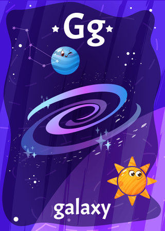 Printable space alphabet flashcard with letter G. Cartoon galaxy cosmic, planets and english word on flash card for children education. Kid cards for teaching reading in kindergarten or preschool.のイラスト素材