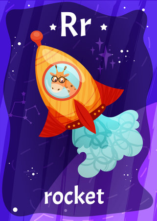 Printable space alphabet flashcard with letter R. Cartoon cute astronaut in rocket and english word name on flash card for children education. Kid cards for teaching reading in preschool, kindergartenのイラスト素材