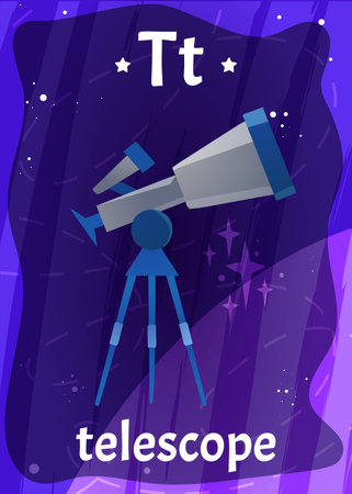Printable space alphabet flashcard with letter T. Cartoon telescope with tripod and english word name on flash card for children education. Kid cards for teaching reading in preschool or kindergarten.のイラスト素材