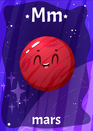 Printable space alphabet flashcard with letter M. Cartoon cute mars planet in solar system with english word name on flash card for children education. Kid cards for teaching reading in kindergarten.のイラスト素材