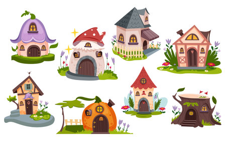 Cartoon fairy tale houses. Cute dwellings or buildings set of gnome, dwarf or elf. Magic forest village with beautiful agaric mushroom, pumpkin and stump homes in green garden or fantasy wood.のイラスト素材