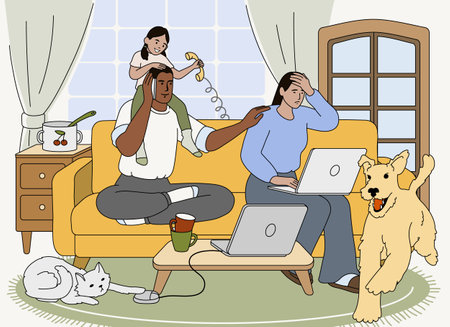 Flat family work on laptop from home with naughty kid and noisy domestic pets. Stressed exhausted freelancer parents working in mess room. Tired mom burnout, fatigue father or multitasking concept.のイラスト素材