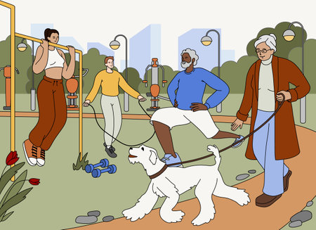 Flat people do sport, woman walk with dog in city park. Character training an outdoor gym, walking with pet at public place. Open air workout, physical exercising. Healthy lifestyle, active recreationのイラスト素材