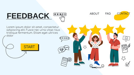 Landing page template with group of people with golden stars, positive review. Customer feedback, opinion or quality ranking concept. Client Satisfaction Rating. Flat vector illustration for website.のイラスト素材