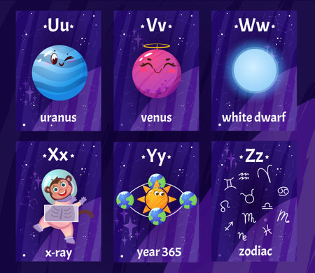 English alphabet flashcards with letters from U to Z for children education. Printable kids flash card with astronaut with X-ray scan, planets in cosmos, white dwarf, zodiac sings for learning lettersのイラスト素材