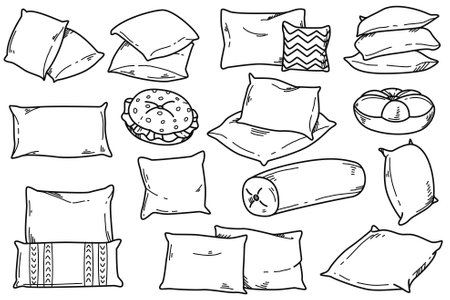 Doodle drawing set of soft pillow for sleep, rest and bedroom decoration. Hand drawn cozy feather cushions different shapes for bed and sofa on white background. Decorative comfy orthopedic pillows.のイラスト素材