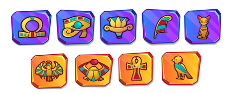 Cartoon egyptian culture religious symbols. Ancient Egypt icons for game user interface. Vintage objects of bastet cat goddess, eye of horus, scarab, ankh cross, lotus, ra and ibis. Protective amulet.のイラスト素材