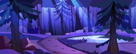 Forest landscape with pond, trees, bushes, footpath with stones in moonlight. Night nature scene with lake, path and moon rays. Vector cartoon illustration of dark natural park with glade and water.のイラスト素材
