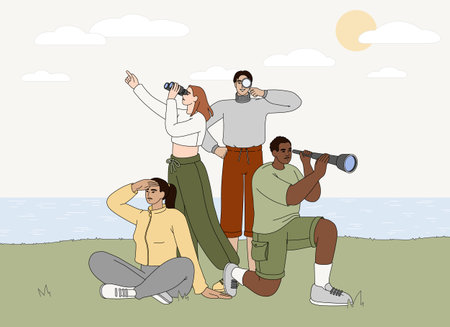 Flat explorers in nature landscape searching or exploring opportunities, business ideas. People team explore new horizons. Characters looking through binoculars, magnifying glass, spyglass into the futureのイラスト素材