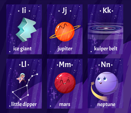 English alphabet flashcards with letters from I to N for children education. Printable kids flash cards with cartoon kuiper belt ring, planets and constellations for learning letters, words in school.のイラスト素材