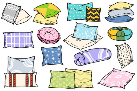 Doodle drawing set of soft pillow for sleep, rest or bedroom decoration. Hand drawn cozy color feather cushions different shapes for bed, sofa on white background. Decorative comfy orthopedic pillows.のイラスト素材