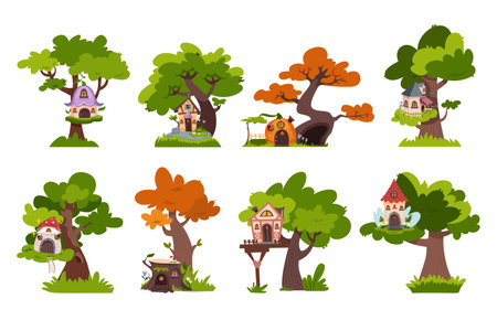 Cartoon fantasy tree houses for children fun games and activities. Fairytale treehouses with windows, doors for kids play. Forest buildings set of gnome, dwarf or elf isolated set on white background.のイラスト素材