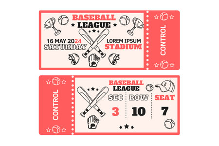 Entry tickets to championship baseball or softball. Design template at game tournament. Paper coupons for sport competition with play ball, bat and mitt. Stadium entrance pass vector illustration.のイラスト素材